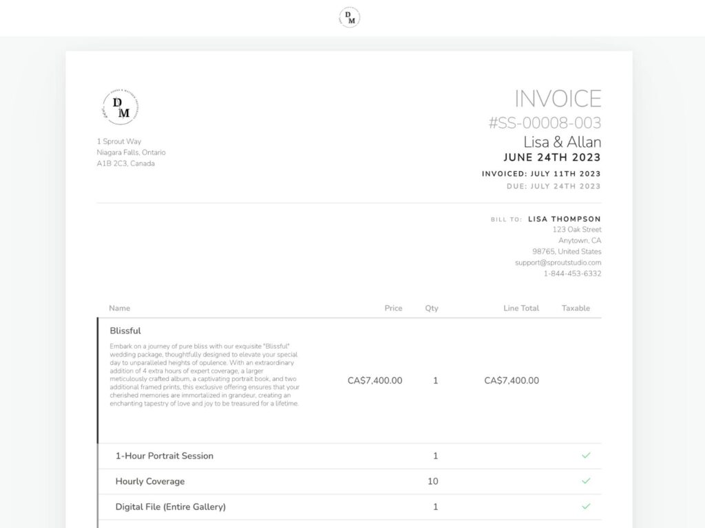 Send branding invoices to photography clients