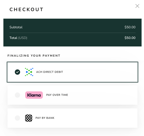 ACH direct debit selected in checkout