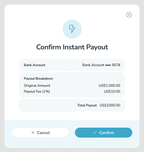 $1000 instant payout confirmation modal