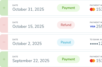 List of FlowPay transactions: payments, refund, and payout