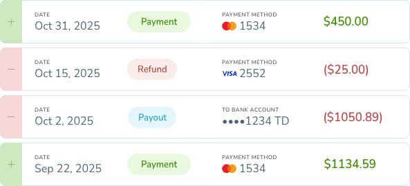 List of FlowPay transactions: payments, refund, and payout